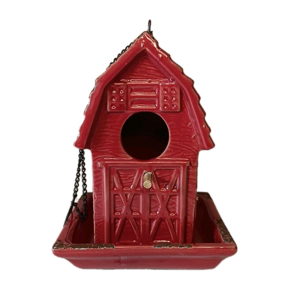 Ceramic Red Barn Bird Feeder With Hanging Chain & Perch Stick 8 "x 6" x 6"